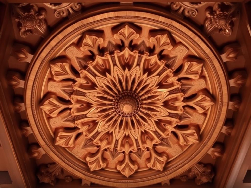 Traditional carved ceiling design with a concentric lotus pattern