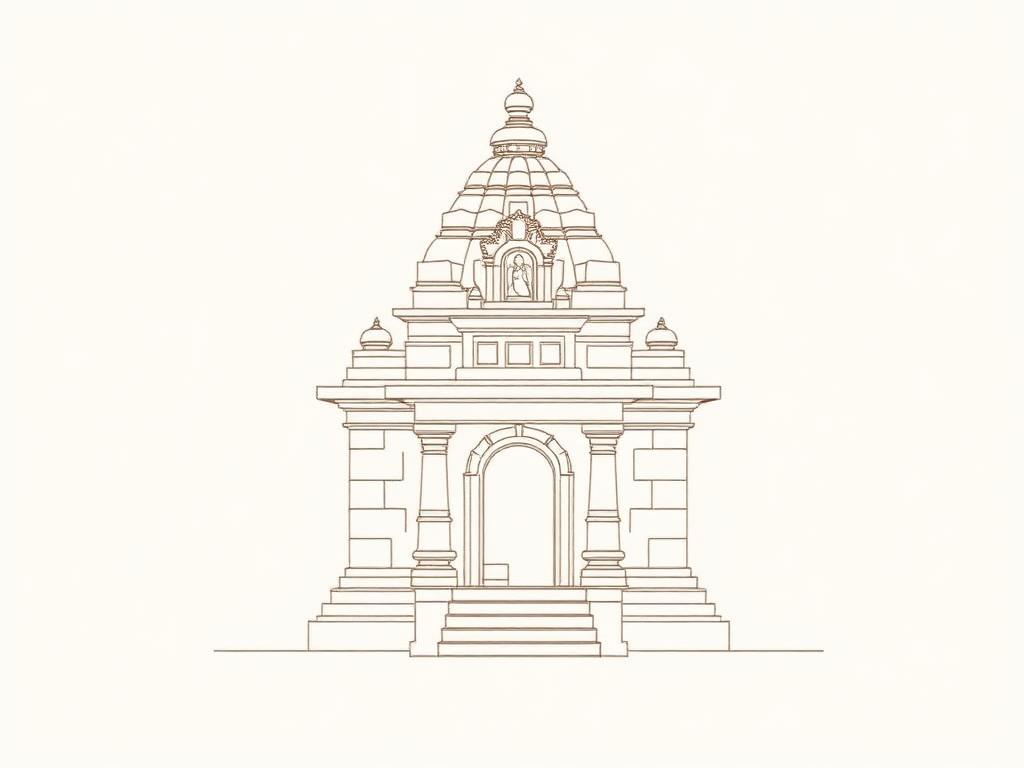 Front elevation drawing of the proposed temple with arched doorway and steps