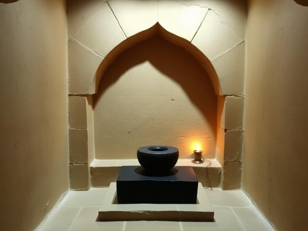 Interior view of the temple sanctum with the Shivling on a plain stone platform